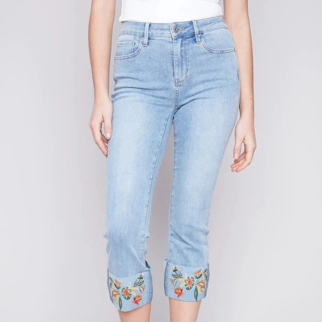 CHARLIE B Cropped Jeans with Embroidery Floral Cuff - Light Blue Denim