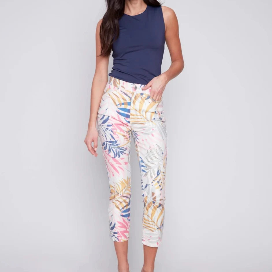 CHARLIE B Crop Twill Pants with Zipper Detail - Leaf Multi-colored Print