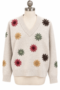 Charlie B- Embroidered V Neck w/ Flowers Sweater