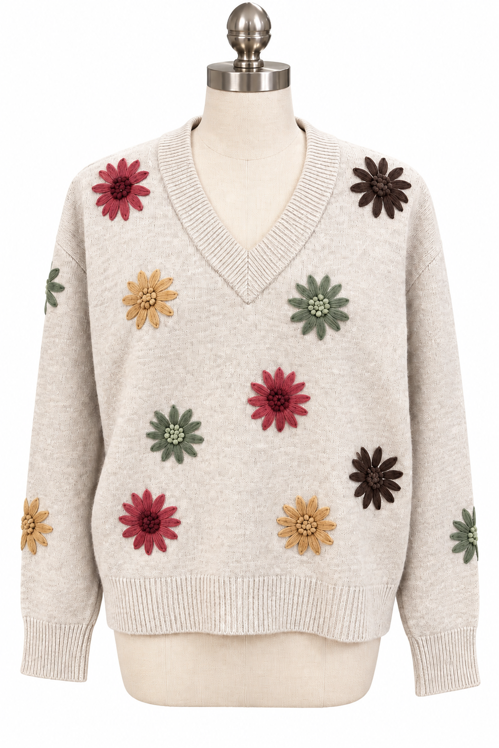 Charlie B- Embroidered V Neck w/ Flowers Sweater