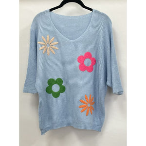 LOOK MODE Marg Knitted Flower Sweater - Blue Multi-colored