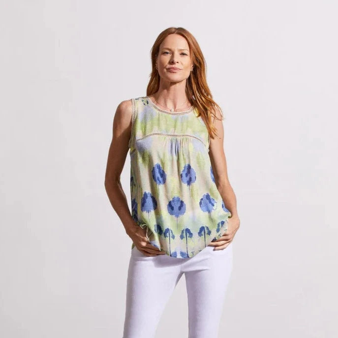 TRIBAL Printed Sleeveless Blouse with Ladder Tape Details - Lime/Blue Print