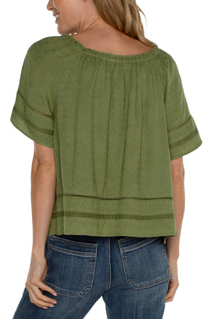 LIVERPOOL Crop Bell Sleeve Woven Top with Lace Trim - Olive Green