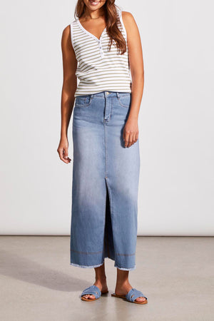 TRIBAL Full Length Denim Skirt w/Front Slit & Pockets - Sky Blue