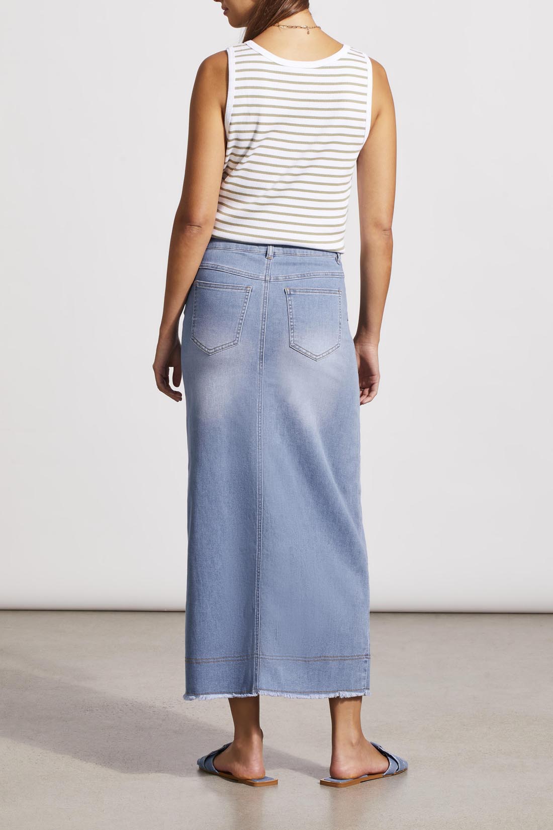 TRIBAL Full Length Denim Skirt w/Front Slit & Pockets - Sky Blue