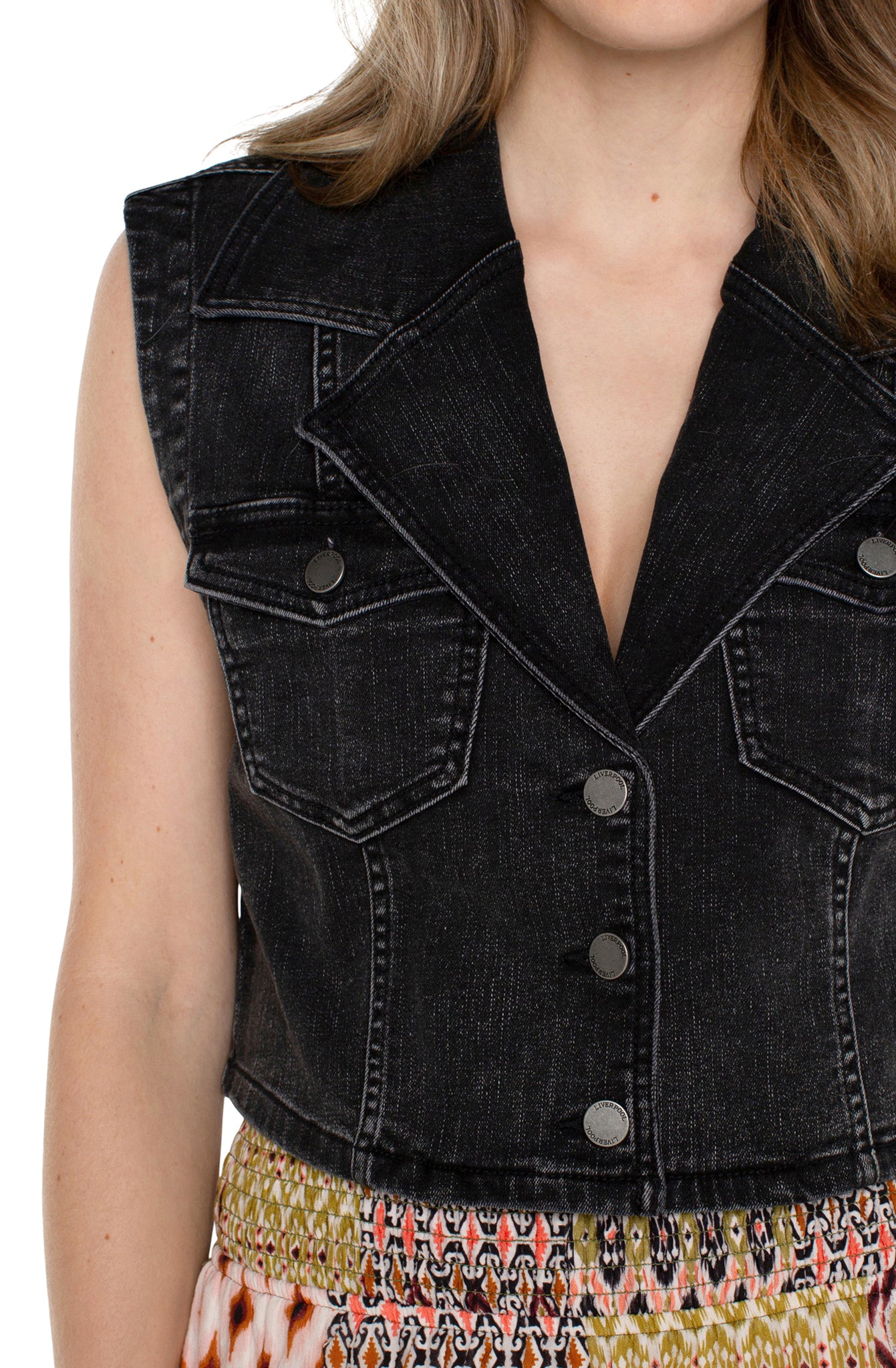 LIVERPOOL Notch Collar Crop Vest - Black Denim