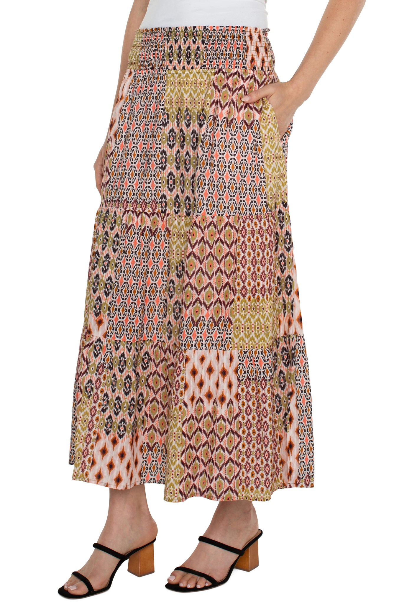 LIVERPOOL Tiered Maxi Skirt w/Smocked Waist - Geo Patchwork